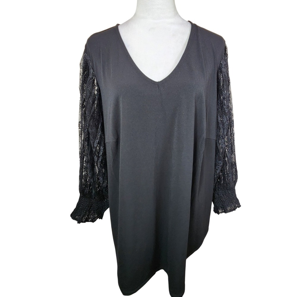 NEW Adrianna Papell Black Pleated‎ Lace Sleeve Knit Top Whimsigoth Office 2X NWT